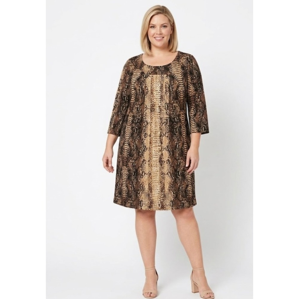 Glamour Brown Tan Animal Print Square Pleated Neck Stretch Dress size 16W
